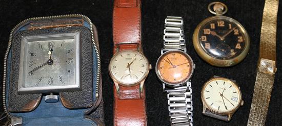 Military pocket watch, 3 gents watches including Roamer travelling watch and a ladys watch